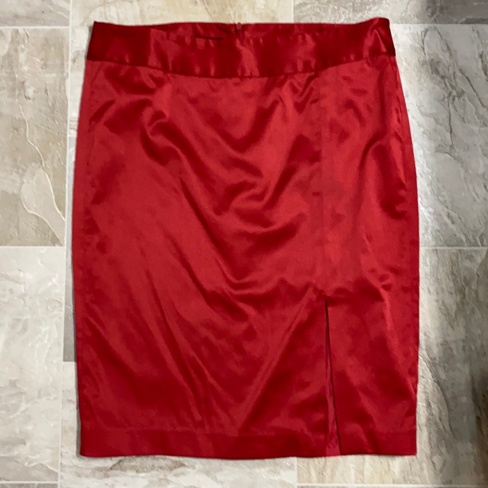 Red satin pleated mini skirt